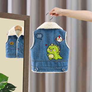 男童加绒牛仔马甲2023秋冬装新款儿童宝宝保暖马夹女孩背心外套潮