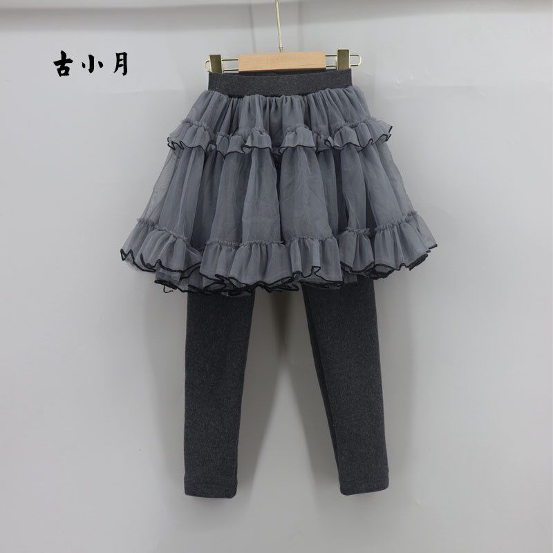 女童冬季加厚打底裤假两件裤裙网纱公主半身裙裤修身一体绒保暖裤