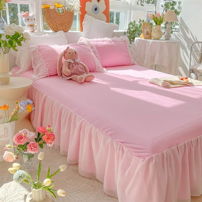 法式温柔粉水洗棉床裙单件少女心床垫保护K套春夏防尘防滑固定床,床上用品,床裙,淘宝优惠券,粉丝福利购,淘宝优惠卷