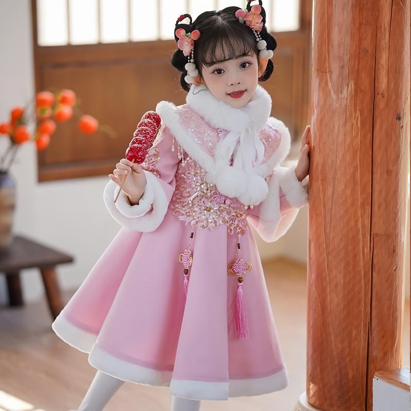 女童拜年服唐装冬季中国风旗袍新年服女孩公主裙洋气加厚拜年衣服