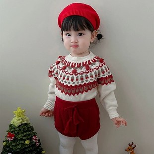 女童毛衣上衣短裤秋冬装新款宝宝周岁衣服毛线针织衫新年喜庆套装