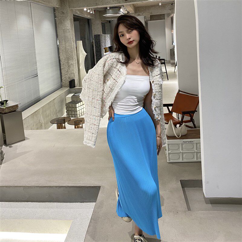 法式复古文艺垂感半身裙高级感韩系甜美气质条纹压皱百褶裙子夏季