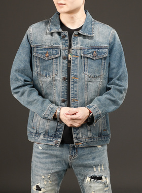 美式牛仔外套男浅蓝色复古经典帅气百搭男士夹克大码宽松潮流上衣