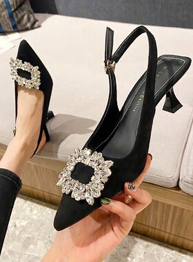 法式包头水钻凉鞋女夏季外穿2024新款气质尖头细跟黑色职业高跟鞋