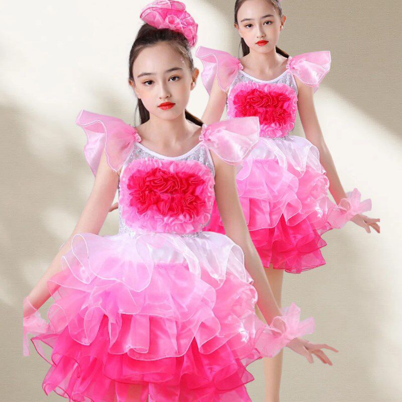 女童现代舞表演服装亮片幼儿园舞蹈舞台装合唱儿童演出服蓬蓬纱裙