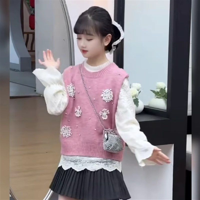 女童韩系针织毛衣背心马甲洋气蕾丝内搭长袖打底衫套装2025春秋新