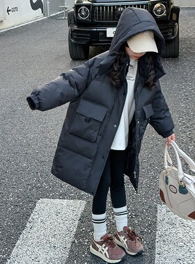 女童冬装棉衣2024新款洋气儿童冬季黑色羽绒棉衣中长款女孩外套潮