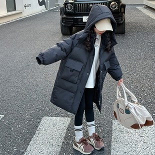 女童冬装棉衣2024新款洋气儿童冬季黑色羽绒棉衣中长款女孩外套潮