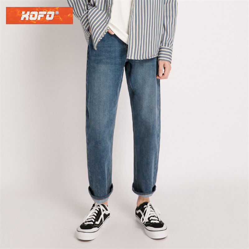 发热面料2021年新款秋冬款复古蓝色保暖直筒宽松加绒加厚牛仔裤男