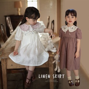 女童姐妹款小众复古刺绣假领子连衣裙 宝宝夏季纯亚麻短袖公主裙