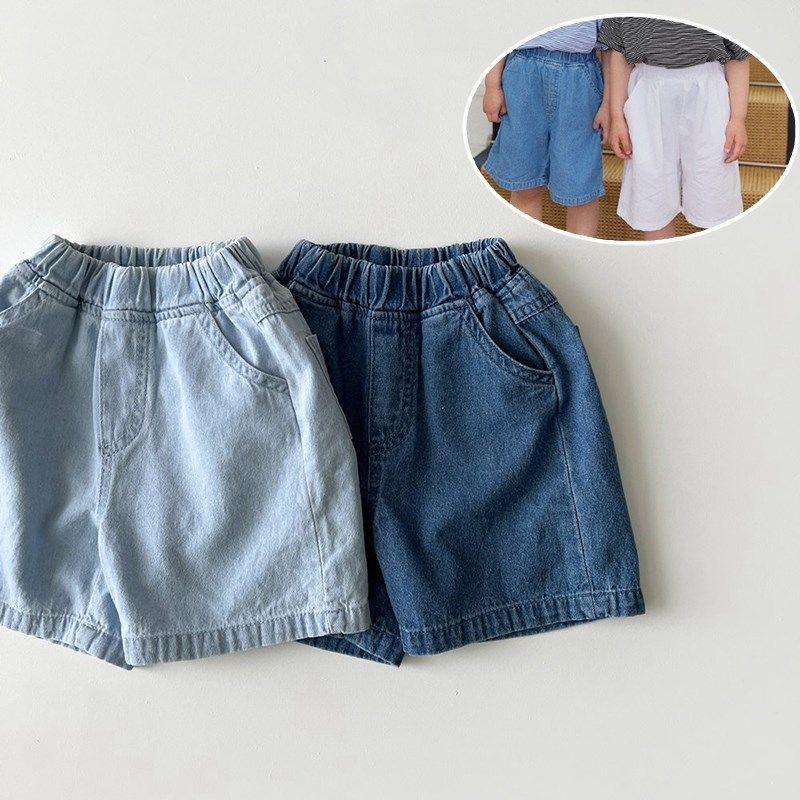 现货韩国童装夏季儿童纯棉柔软牛仔中裤男女童休闲宽松五分短裤子