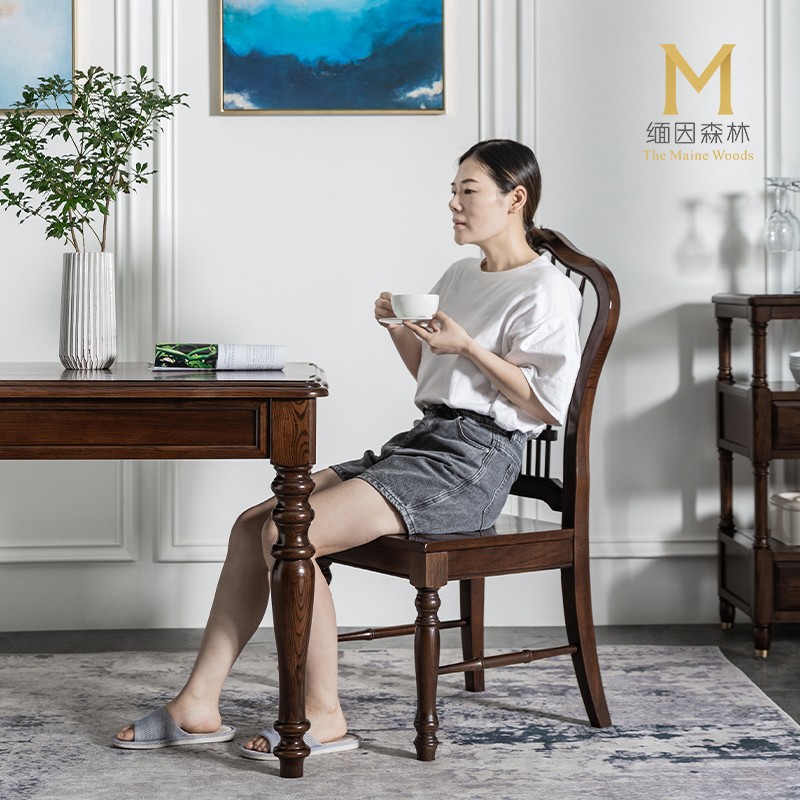 小众美式餐椅高级感轻o奢实木椅子餐桌座椅太阳椅靠背复古缅因森