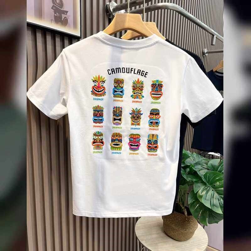 短袖t恤男美式复古宽松上衣潮流男装2024夏季新款卡通刺绣体恤衫