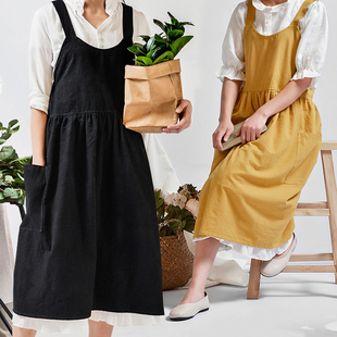 韩式气质淑女宽松大码围裙秋冬居家连衣裙围兜棉麻咖啡店定制LOGO