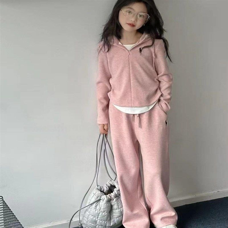 女童秋冬加绒时尚套装2024新款洋气时髦儿童假两件卫衣卫裤两件套