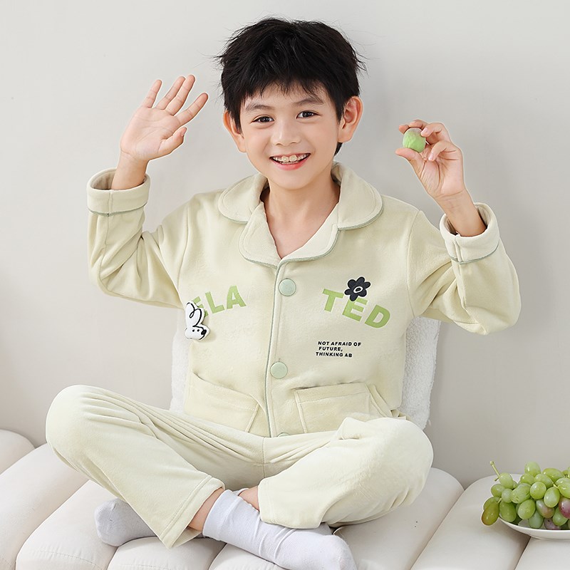 秋冬儿童睡衣男童海岛绒短绒家居服韩版休闲开衫薄绒空调服两件套