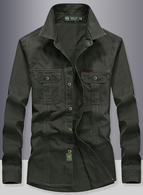 长袖衬衫男士韩版潮流秋装外套纯棉宽松休闲军绿色工装耐磨衬衣服