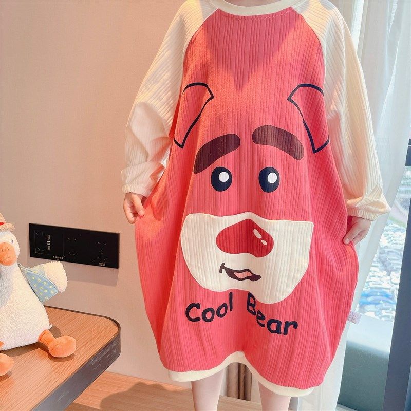 儿童纯棉长袖可爱睡裙卡通男孩春夏季睡衣宽松女宝宝草莓熊连体衣