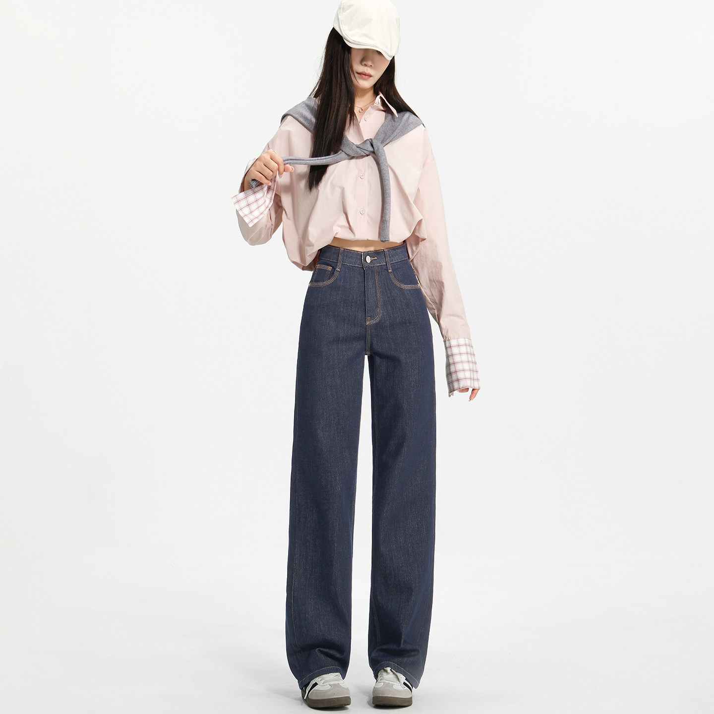 若纤加绒深蓝色牛仔裤高腰直筒裤