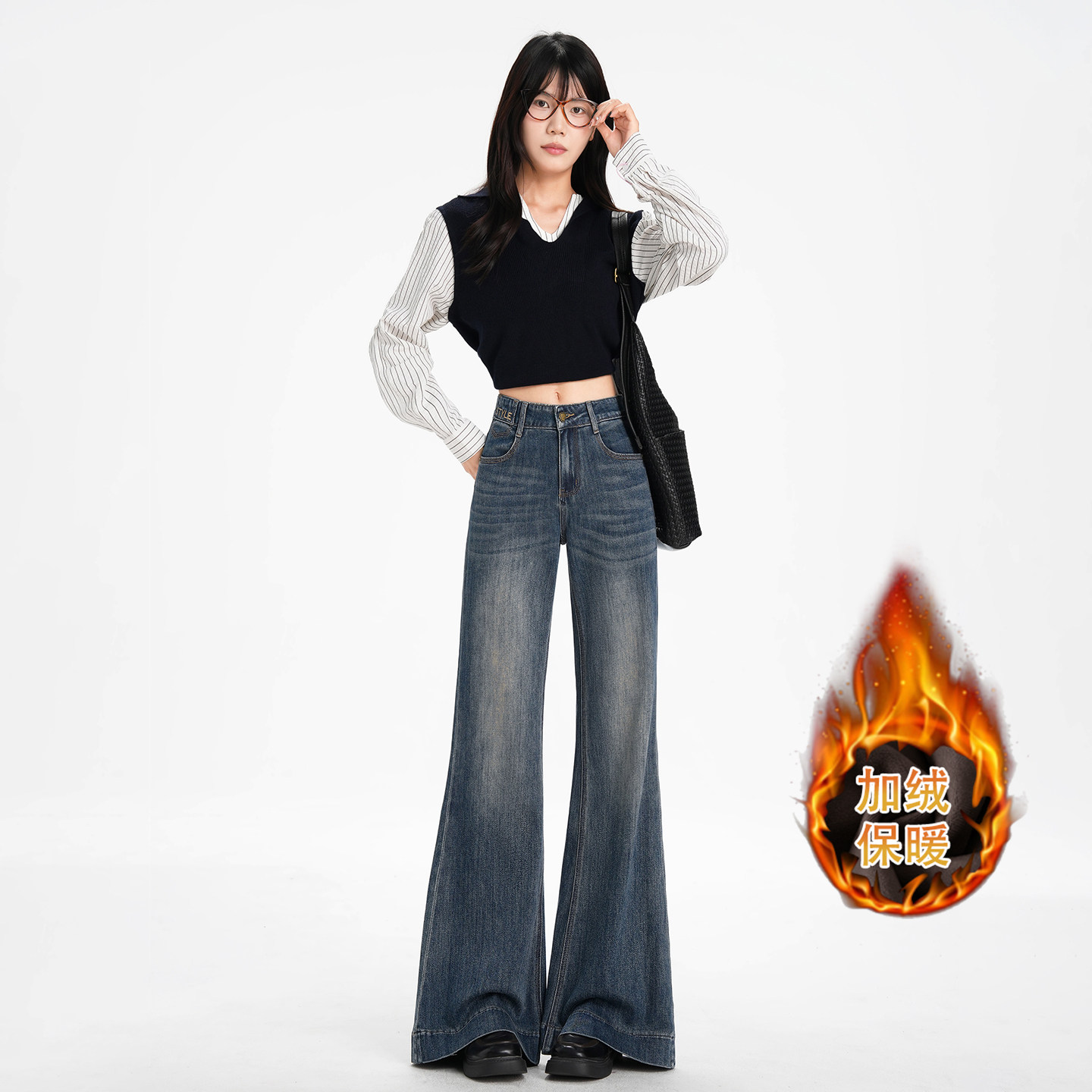 若纤雾霾蓝微喇牛仔裤刺绣喇叭裤