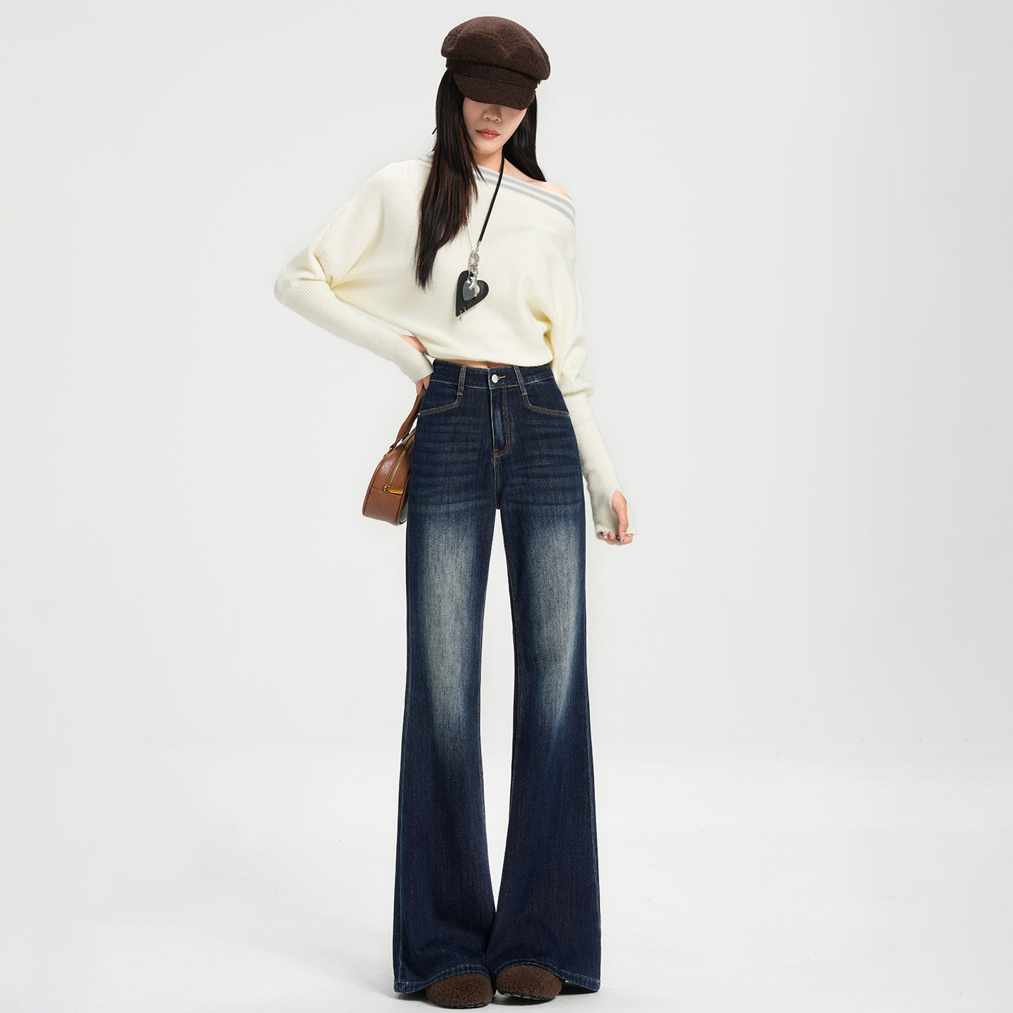 若纤深蓝色加绒加厚微喇牛仔裤