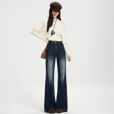 若纤深蓝色加绒加厚微喇牛仔裤