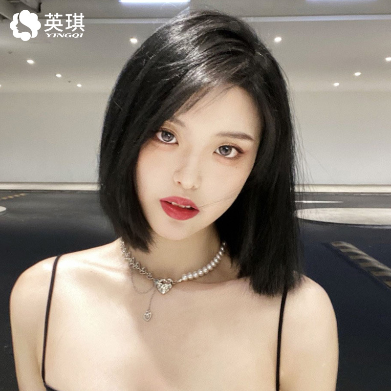 假发女短发时尚一刀切真发全真人发减龄中长偏分波波头蕾丝全头套