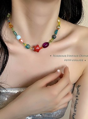 彩色多巴胺项链女2024年新款琉璃串珠星星颈链小众锁骨链夏季配饰