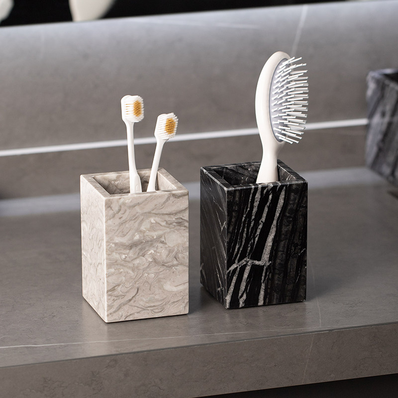 高档大理石收纳盒l洗漱台棉签化妆棉美妆刷笔筒梳子牙具置物收纳