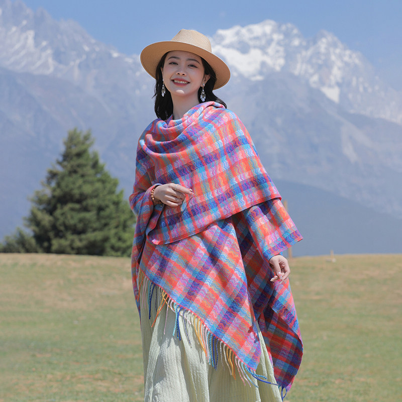 彩色民族风开叉巾云南春夏季披肩外搭围巾旅游拍照披风保暖斗篷女