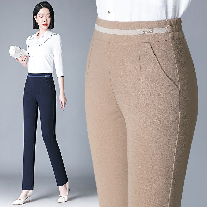 休闲女裤夏季薄款高腰弹力卡其色小个子中年妈妈直筒裤外穿女西裤