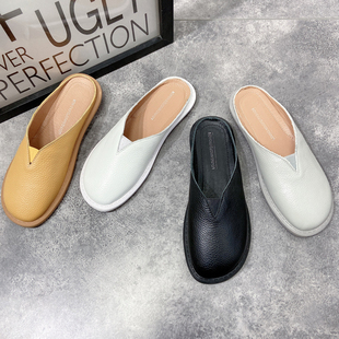 百搭舒适平底凉拖半托凉鞋 纯皮牛皮拖鞋 包头半拖鞋 外穿时尚 女夏季