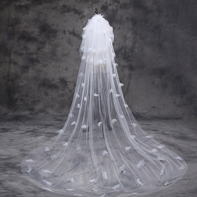 新款新娘婚纱头纱结婚头纱韩式超仙超长蕾丝头纱拖尾花瓣花朵头纱