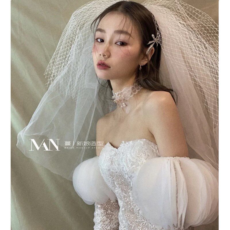 新娘结婚造型头纱白色网格多层蓬蓬韩式婚礼头纱影楼摄影道具拍照
