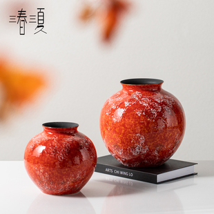 新中式霁红釉红色中古风陶罐花瓶宋代美学花器复古样板间装饰摆件
