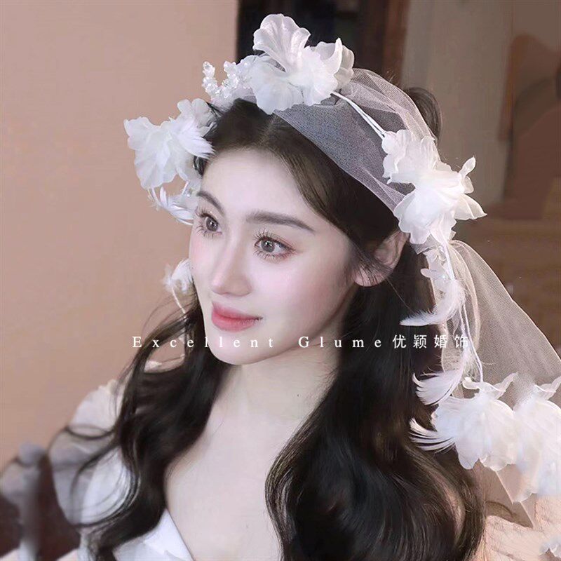 优颖梦幻超仙绢纱羽毛花朵软边新娘头纱复古气质婚纱结婚跟妆头饰