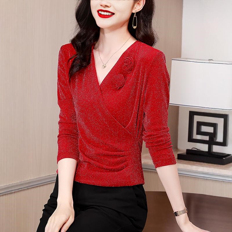 妈妈交叉v领亮丝网纱打底衫女春秋内搭洋气小衫修身气质红色上衣