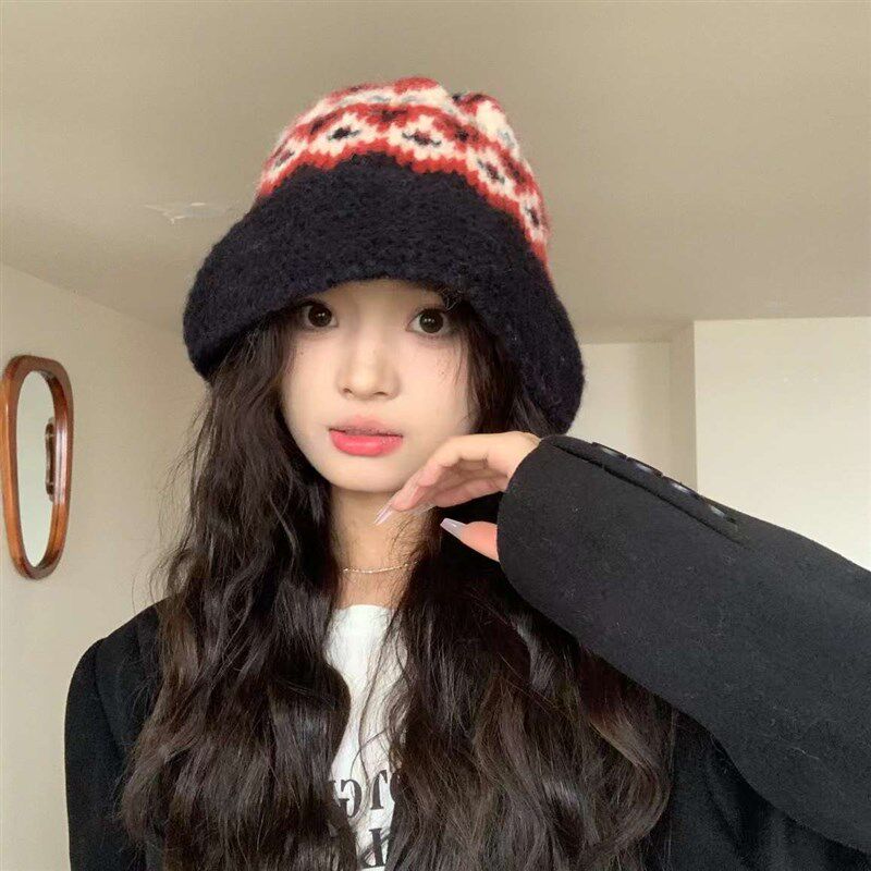 新款古着风~渔夫帽子女秋冬韩版潮百搭针织毛线帽日系文艺盆帽