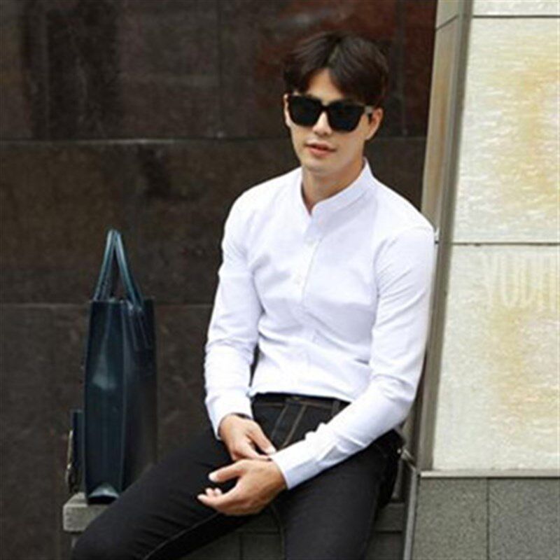 春季男士白色立领衬衫青年修身中山装主持演出圆领结婚婚礼服衬衣