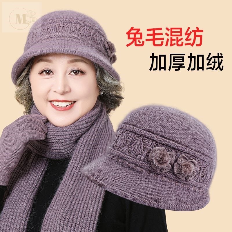 中年妈妈帽子女冬季加绒保暖毛线帽中老年人奶奶姥姥老人棉帽围巾