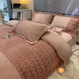 秋冬加厚双面绒四件套牛奶绒保暖高端轻奢珊瑚法兰绒刺绣床上用品