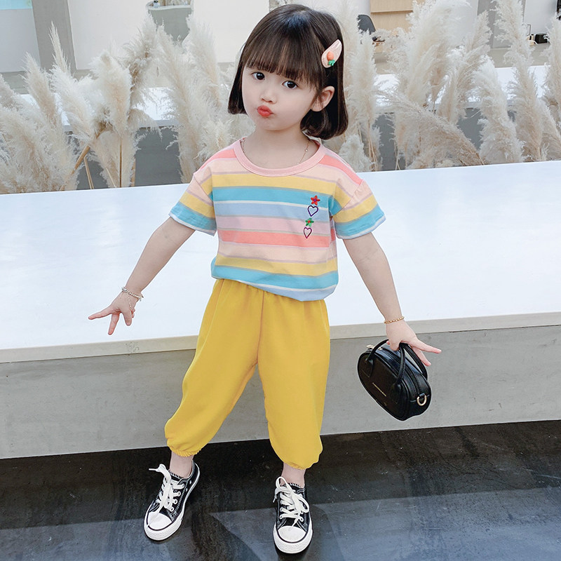 女童短袖T恤套装夏款2023新款宝宝夏装儿童休闲雪纺防蚊裤两件套3
