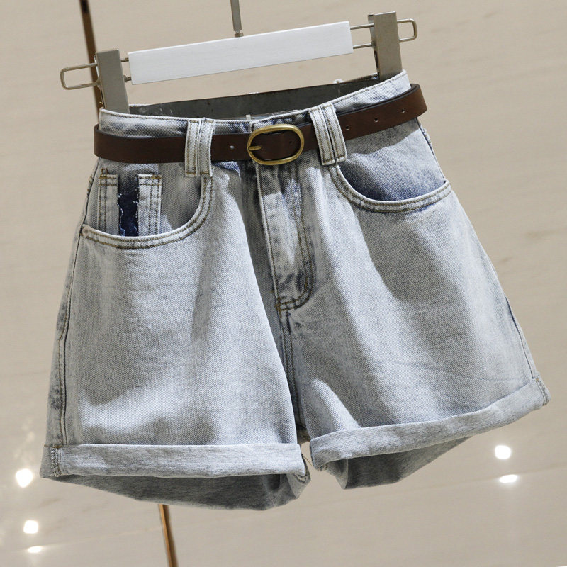 浅蓝色高腰牛仔短裤女宽松2021夏季新款韩版卷边a字阔腿热裤E335