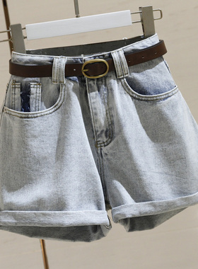 浅蓝色高腰牛仔短裤女宽松2021夏季新款韩版卷边a字阔腿热裤E335
