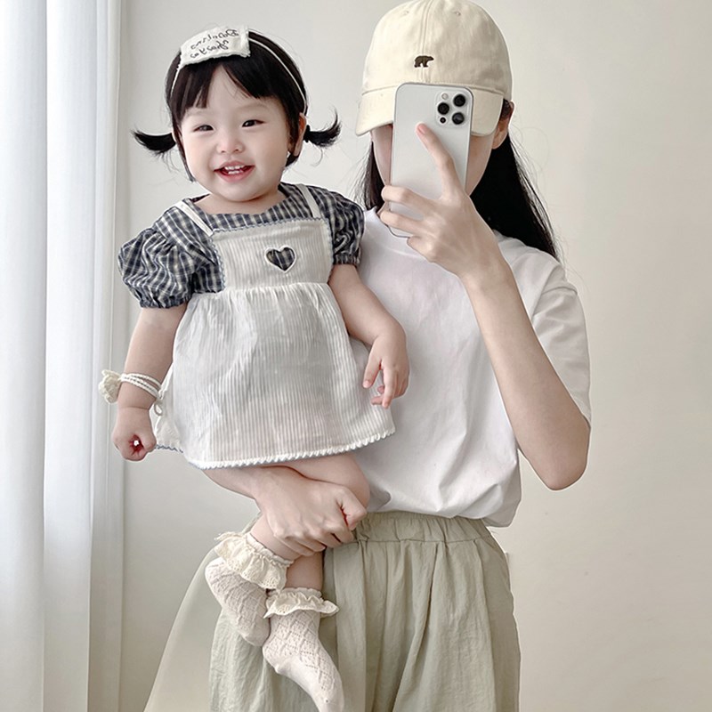 女童夏季吊带裙套装婴儿爱心连衣裙短袖包屁衣女宝宝灯笼袖连体衣