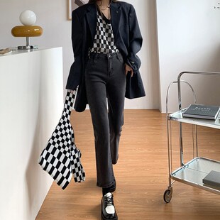 黑灰色牛仔裤女烟管长裤2021秋冬新款九分高腰宽松显瘦加绒直筒裤