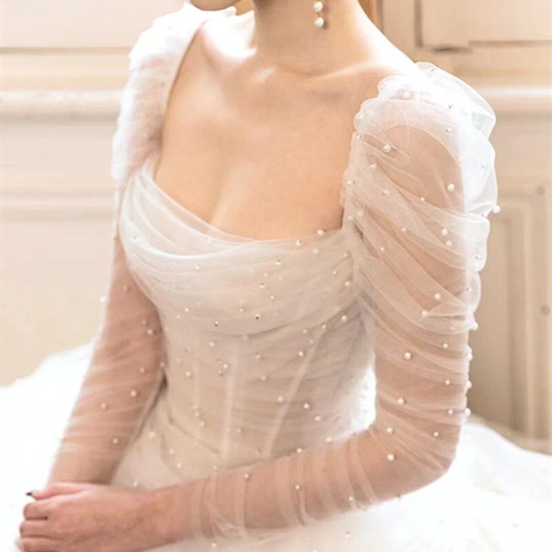 新款新娘手袖珍珠长款婚纱袖子可拆卸免缝抹胸婚纱泡泡袖袖子