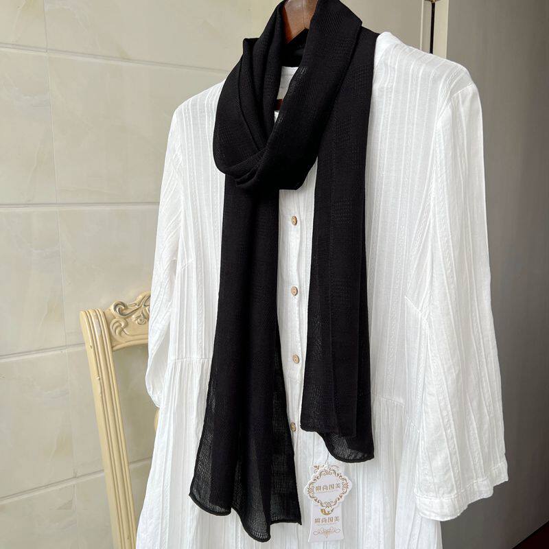 黑色窄细长条棉麻围巾女夏天春秋纯色薄款时尚装饰百搭长丝巾围脖