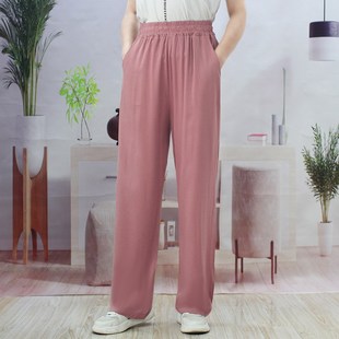 加肥长裤 人造棉女裤 纯色宽松直筒裤 家居裤 夏款 外穿薄款 棉绸阔腿裤