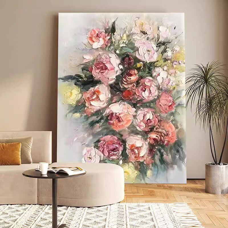 牡丹花开富贵油画手绘玄关装饰画客厅花卉挂画大芬村抽象肌理壁画
